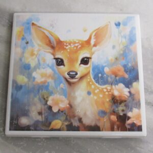 Cute Baby Deer Trivet Ceramic Deer Hot Pad a fawn with blue floral background Trivet - A Mayes Pottery