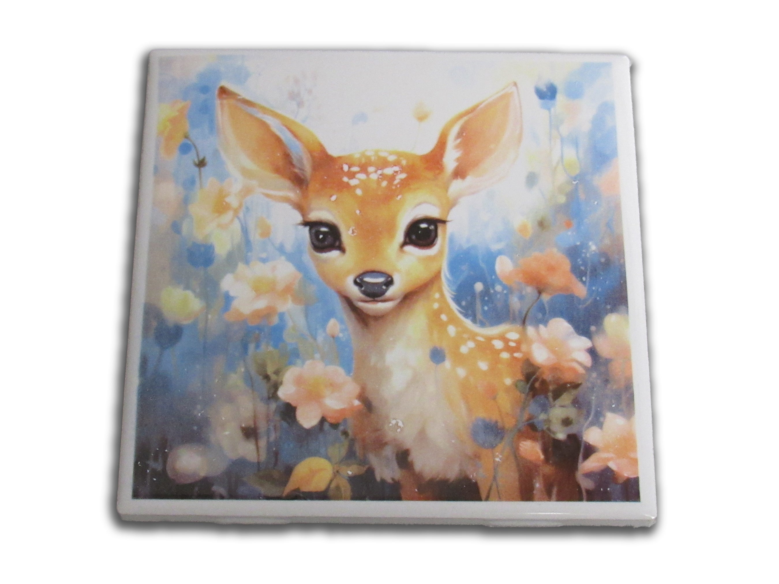 Cute Baby Deer Trivet Ceramic Deer Hot Pad a fawn with blue floral background Trivet - A Mayes Pottery