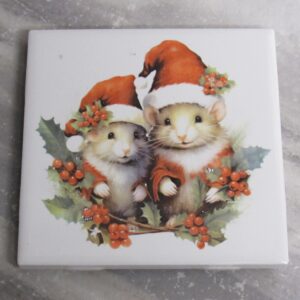 Christmas Mice Couple Trivet Ceramic Coaster Holiday Hot Pad Version A Trivet - A Mayes Pottery