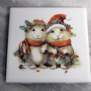 Christmas Mice Couple Trivet Ceramic Coaster Holiday Hot Pad Version B Trivet - A Mayes Pottery