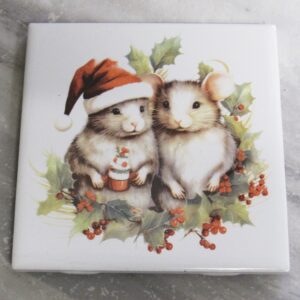 Christmas Mice Couple Trivet Ceramic Coaster Holiday Hot Pad Version C Trivet - A Mayes Pottery
