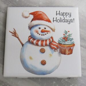 Snowman holding cupcake with the words "Happy Holidays" Trivet Ceramic Coaster Holiday Hot Pad Trivet - A Mayes Pottery