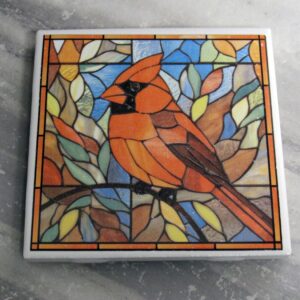Stained Glass Red Bird Ceramic Trivet Coaster Holiday Hot Pad Trivet - A Mayes Pottery